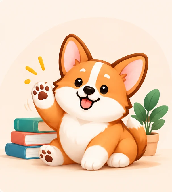 Chú corgi của Band7Writing vẫy chào bên chồng sách
