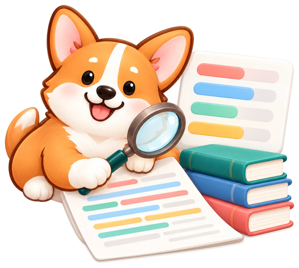 Chú corgi của Band7Writing soi kính lúp lên một bài viết bên cạnh bảng điểm bốn tiêu chí